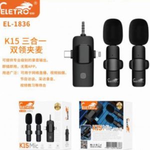 Kit Com 2 Microfone Lapela Eletromex EL-1836 K15 Sem Fio Com Entrada P2/IOS/Tipo-c Profissional 3 Em1
