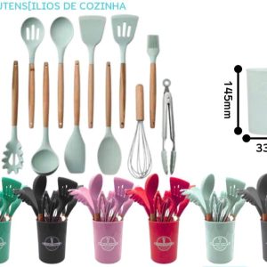 Kit De Utensilios Cozinha 12 em 1 Madeira de Silicone/Bambu