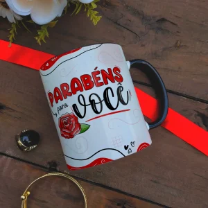 Caneca Parabéns para você Alça e Fundo Preto